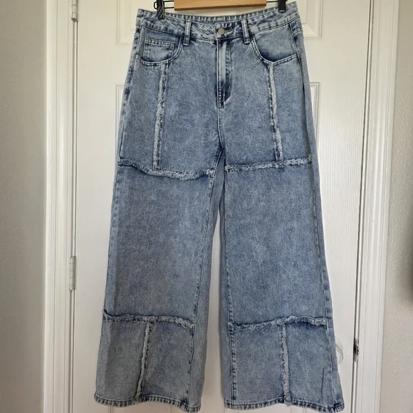 Patchwork Panelled Frayed Seam Wide Leg High Rise Jeans Size 31 - Picture 4 of 17